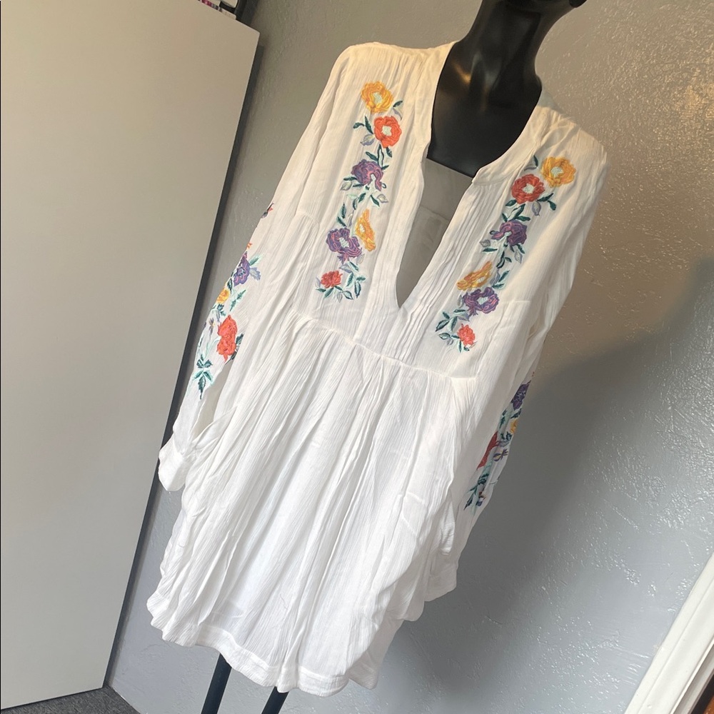 Free People White Tunic with Colorful Floral Embroidery